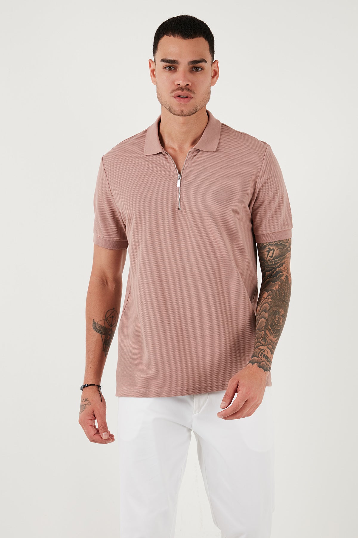 Buratti Pamuklu Regular Fit Fermuarlı Erkek Polo Yaka T Shirt 5902915 PUDRA