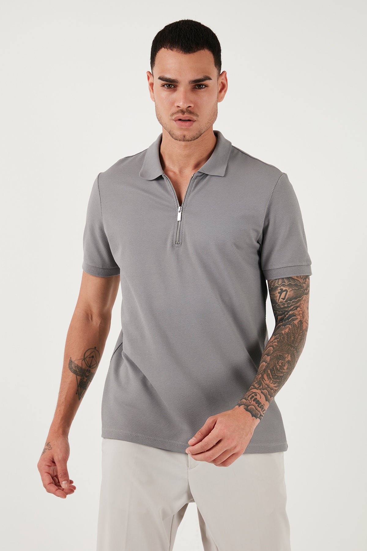 Buratti Pamuklu Regular Fit Fermuarlı Erkek Polo Yaka T Shirt 5902915 Kül