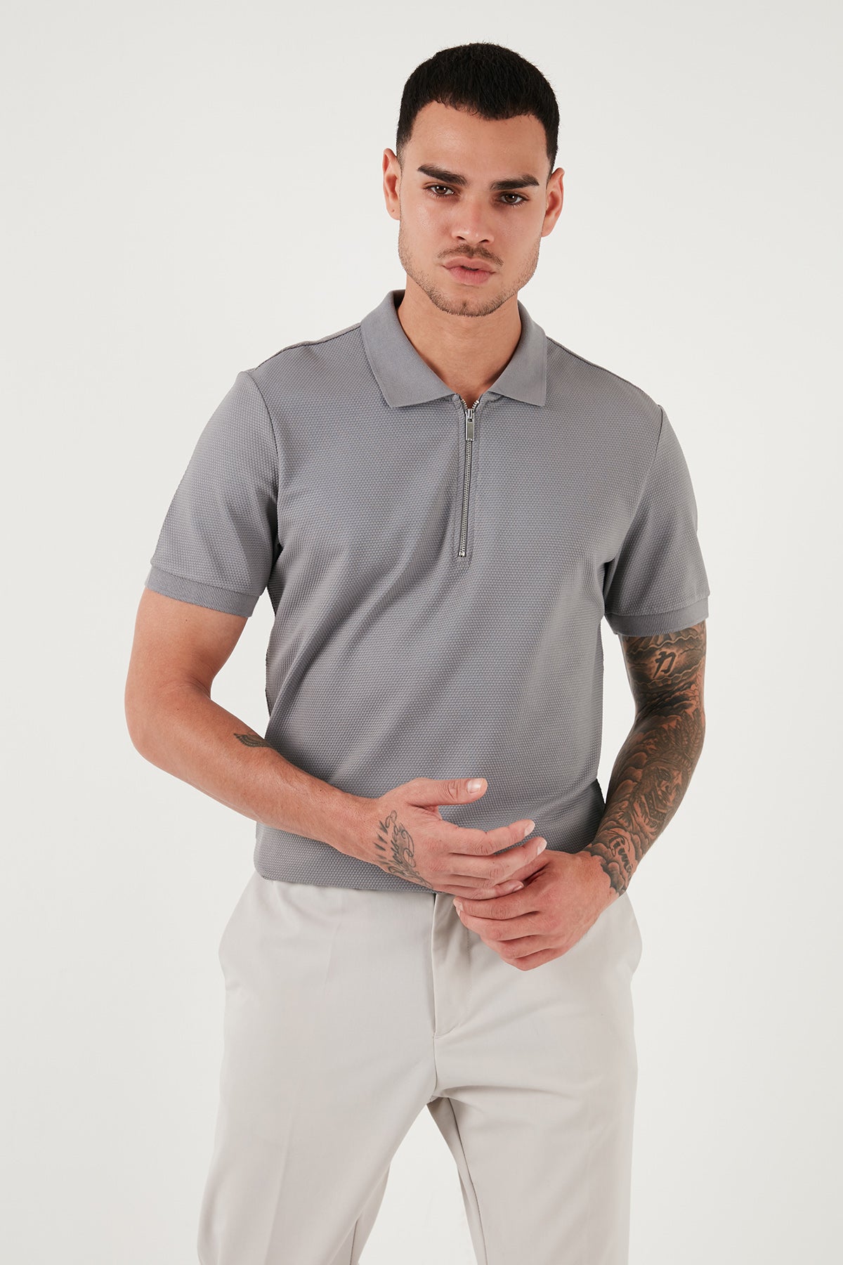 Buratti Pamuklu Regular Fit Fermuarlı Erkek Polo Yaka T Shirt 5902915 Kül