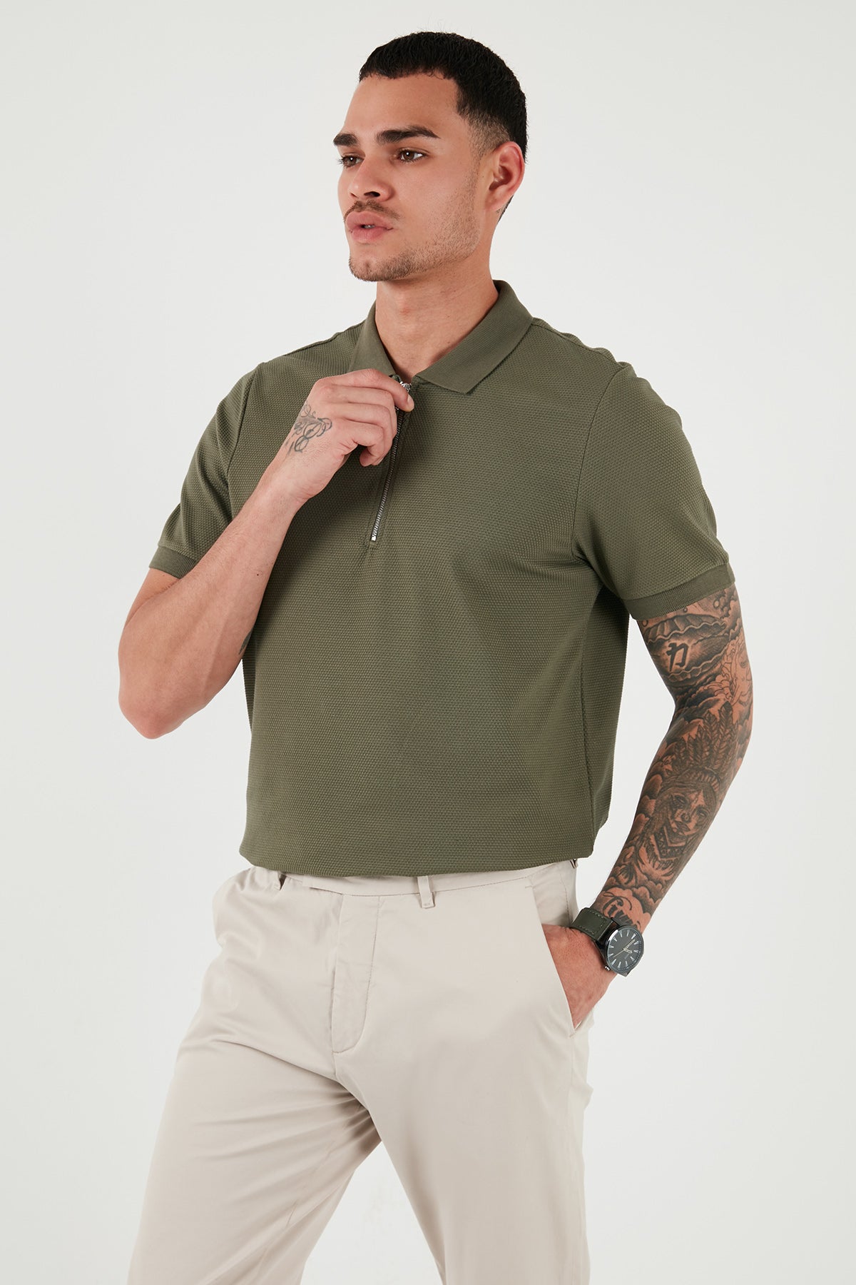 Buratti Pamuklu Regular Fit Fermuarlı Erkek Polo Yaka T Shirt 5902915 HAKİ