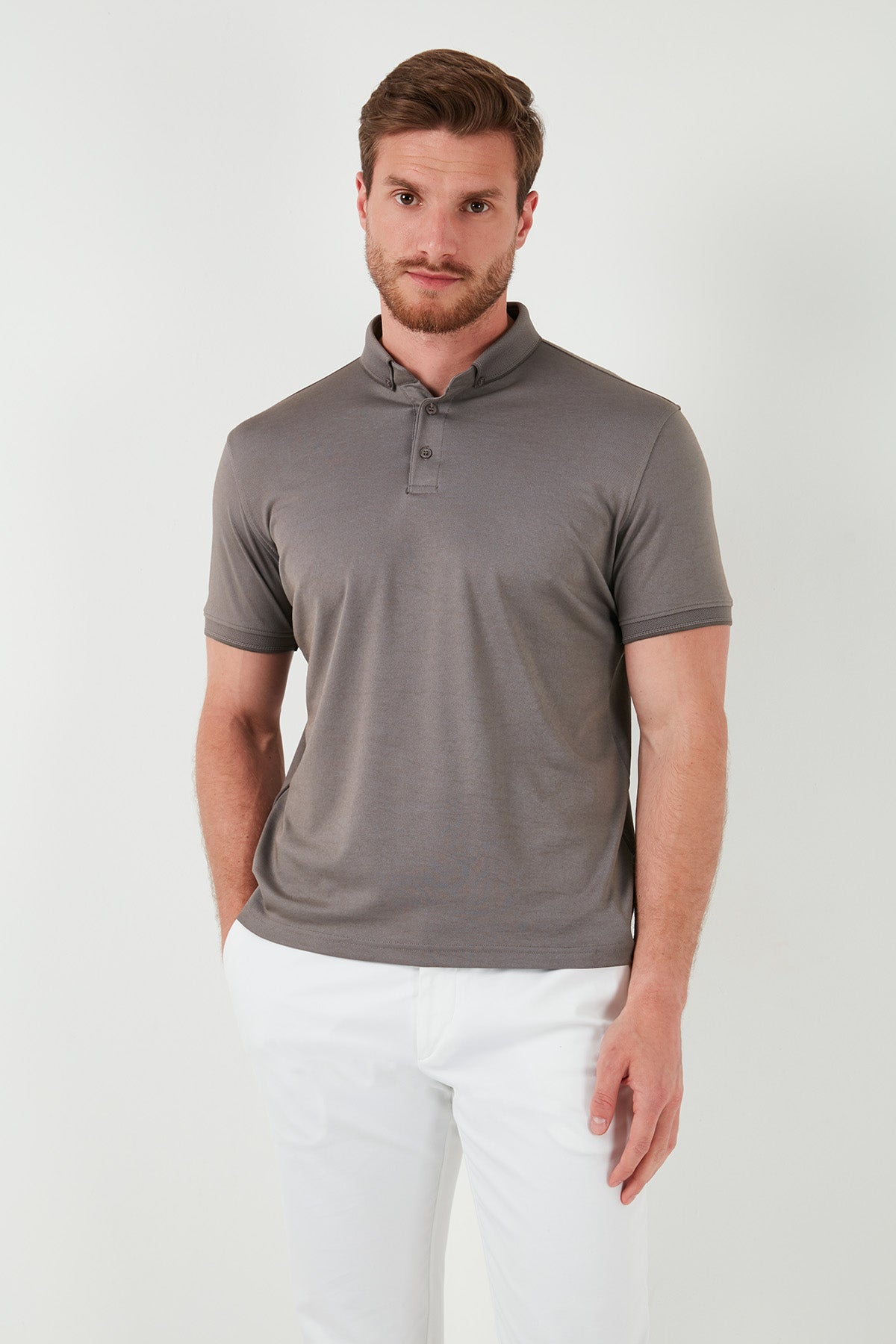 Buratti Pamuklu Slim Fit Erkek Polo Yaka T Shirt 646R1000 Vizon-Füme