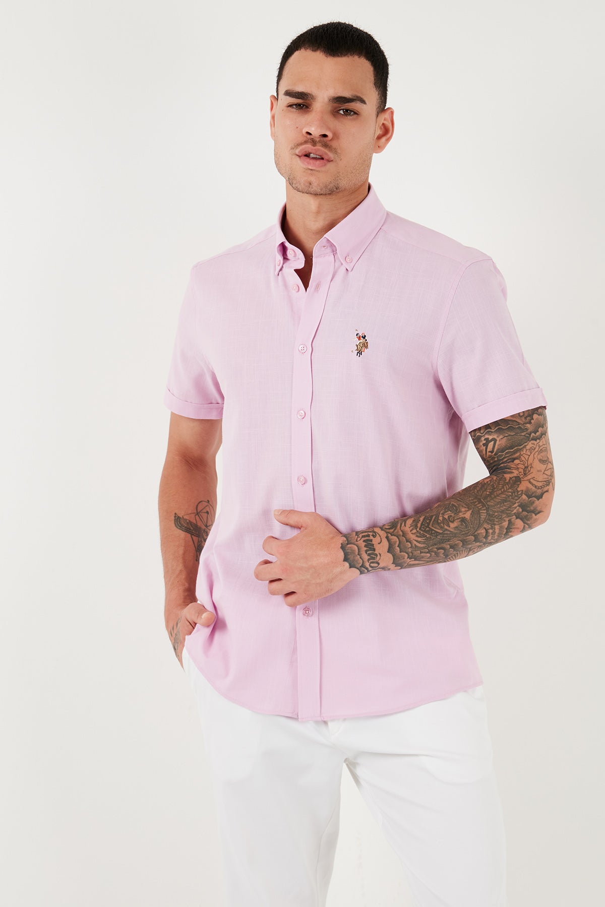 U.S. Polo Pamuklu Regular Fit Kısa Kollu Erkek Gömlek G081GL0041829502 PEMBE