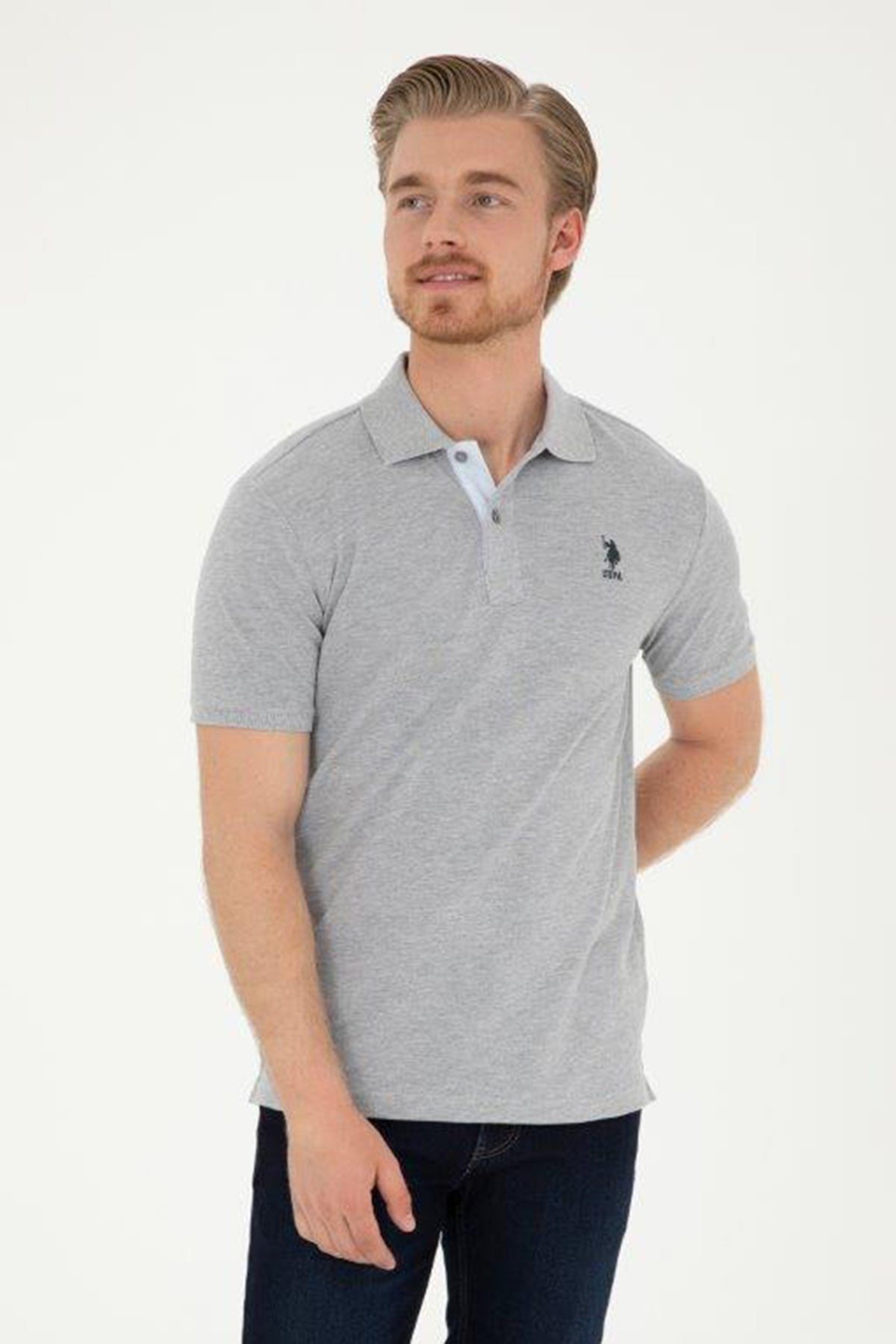 U.S. Polo Logolu % 100 Pamuk Regular Fit Polo Yaka Erkek T Shirt G081SZ0111794832 GRİ MELANJ