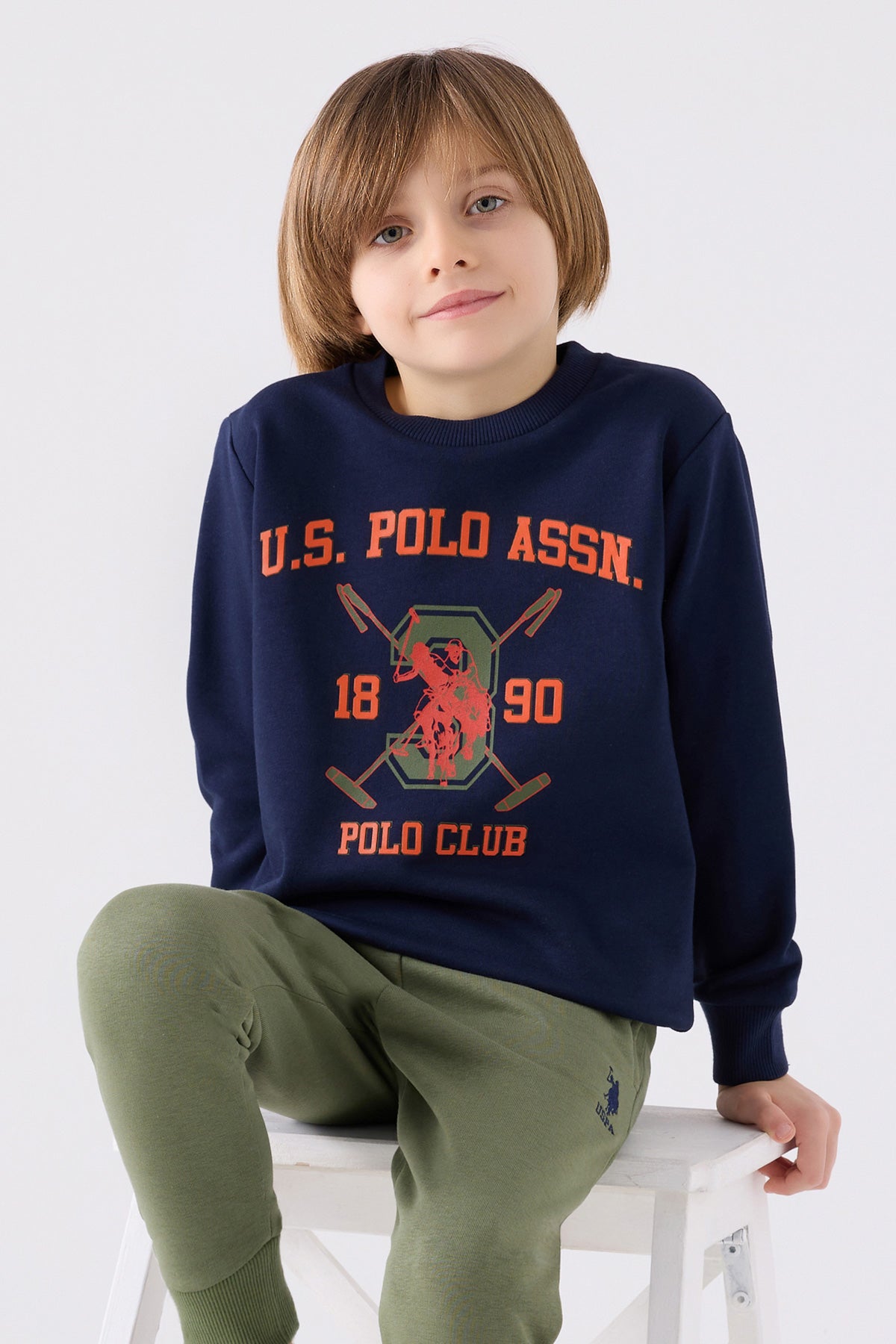 U.S. Polo Assn Pamuklu Beli Lastili Bisiklet Yaka Şardonlu Erkek Çocuk Eşofman Takımı US1906 LACİVERT