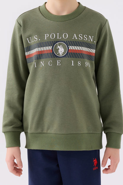 U.S. Polo Assn Pamuklu Beli Lastikli Bisiklet Yaka Şardonlu Erkek Çocuk Eşofman Takımı US1907 HAKİ