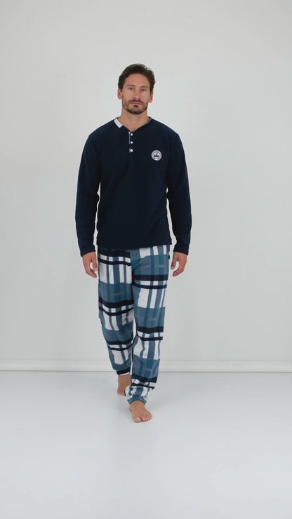 Buratti Ekoseli Regular Fit Düğmeli Bisiklet Yaka Kışlık Polar Erkek Pijama Takımı 60961008 LACİVERT