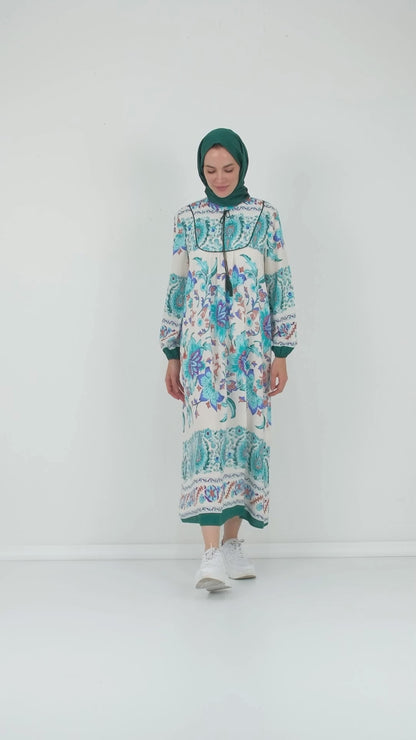 Lela Modest Desenli Regular Fit Bağlamalı V Yaka Maxi Bayan Elbise 611EL510 YEŞİL