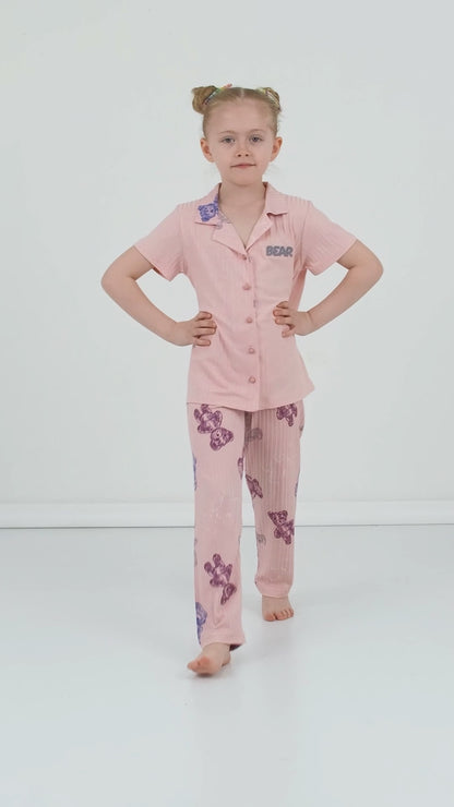 Lela Baskılı Beli Lastikli Gömlek Yaka Kısa Kollu Pijama ı Kız Çocuk Takım 6576001 AÇIK PEMBE