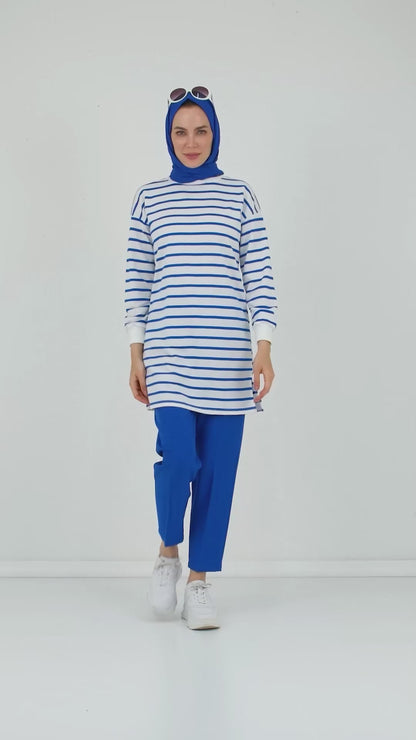 Lela Modest Çizgili Pamuklu Regular Fit Bisiklet Yaka Bayan Tunik 5865784 SAKS