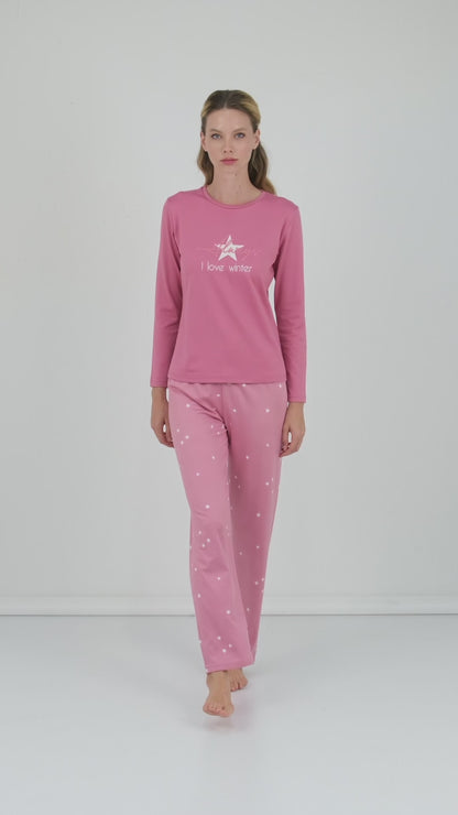 Lela Regular Fit Desenli Bisiklet Yaka Bayan Pijama Takımı 65719102 PEMBE