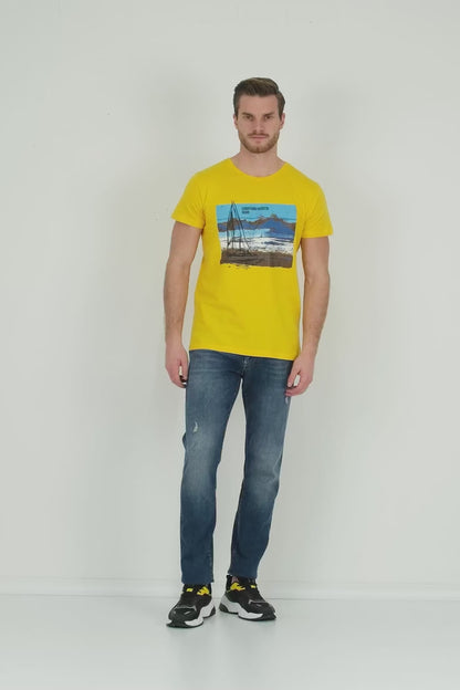 Buratti Baskılı Bisiklet Yaka % 100 Pamuklu Slim Fit Erkek T Shirt 541YELKEN24 SARI