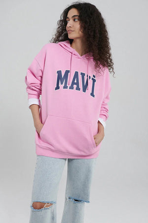 Mavi Pamuklu Oversize Kapüşonlu Kanguru Cepli Bayan Sweat 1600361-71038 PEMBE