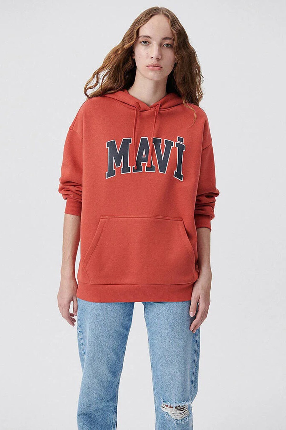 Mavi Pamuklu Oversize Kapüşonlu Kanguru Cepli Bayan Sweat 1600361-70459 KİREMİT