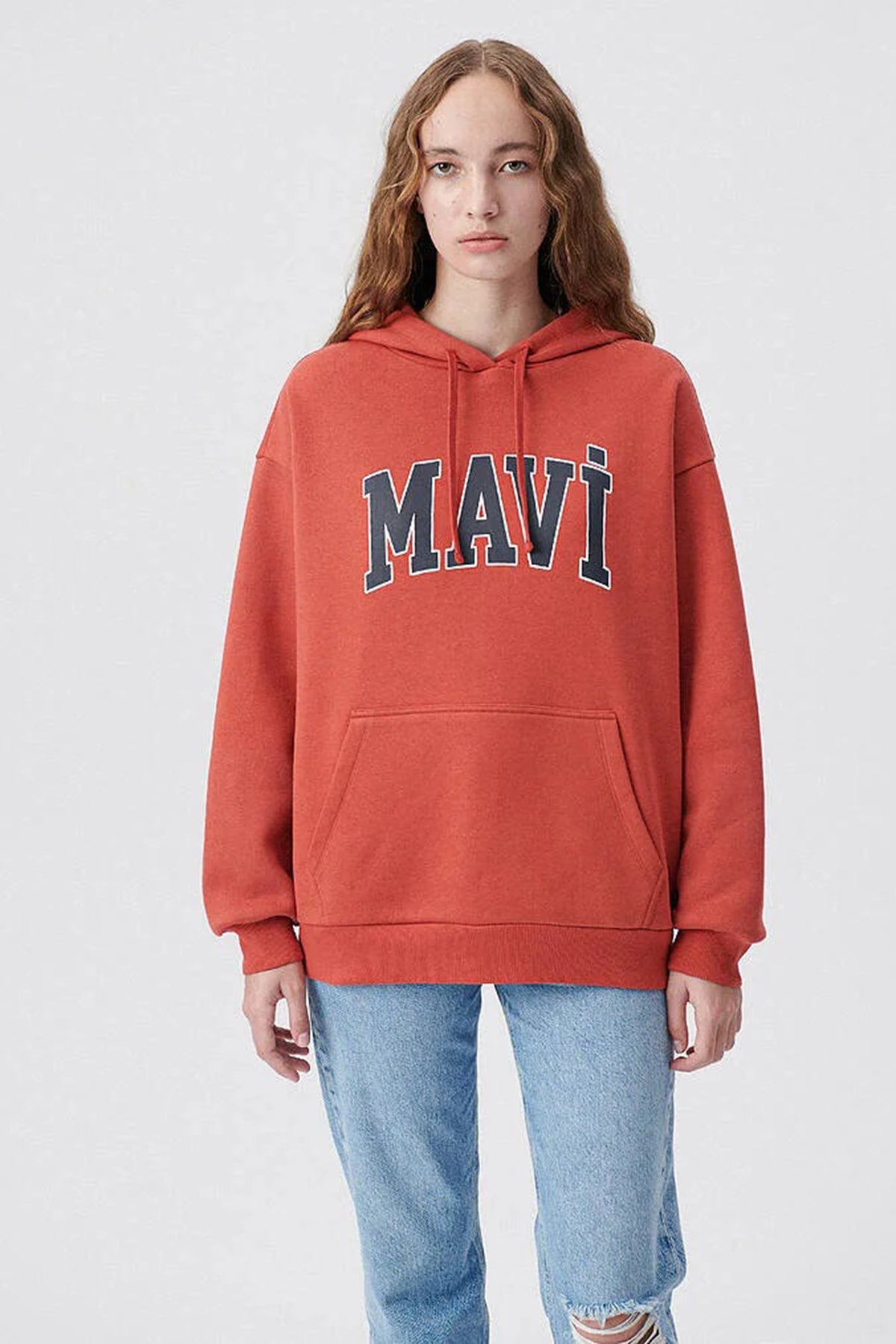 Mavi Pamuklu Oversize Kapüşonlu Kanguru Cepli Bayan Sweat 1600361-70459 KİREMİT