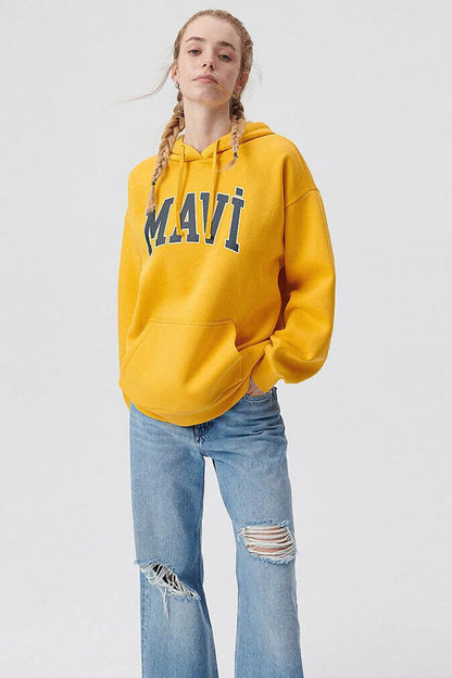 Mavi Pamuklu Oversize Kapüşonlu Kanguru Cepli Bayan Sweat 1600361-71340 KOYU SARI