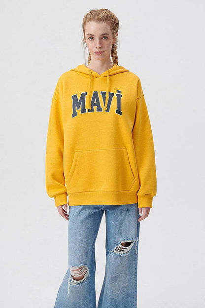 Mavi Pamuklu Oversize Kapüşonlu Kanguru Cepli Bayan Sweat 1600361-71340 KOYU SARI