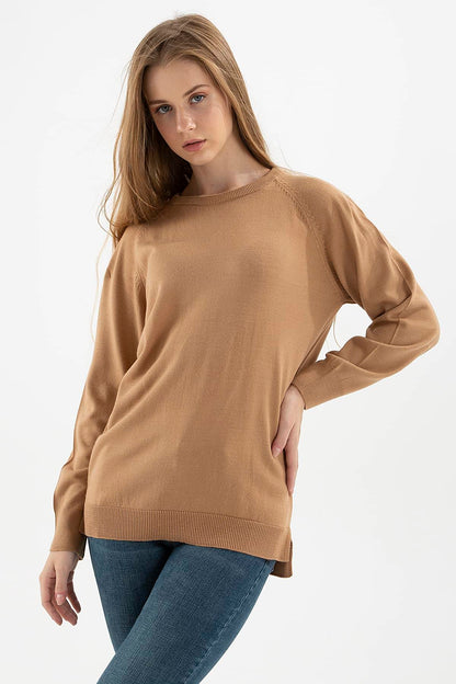 Fashion Friends Bisiklet Yaka Yırtmaç Detaylı Regular Fit Bayan Tunik 23K0242K1 CAMEL