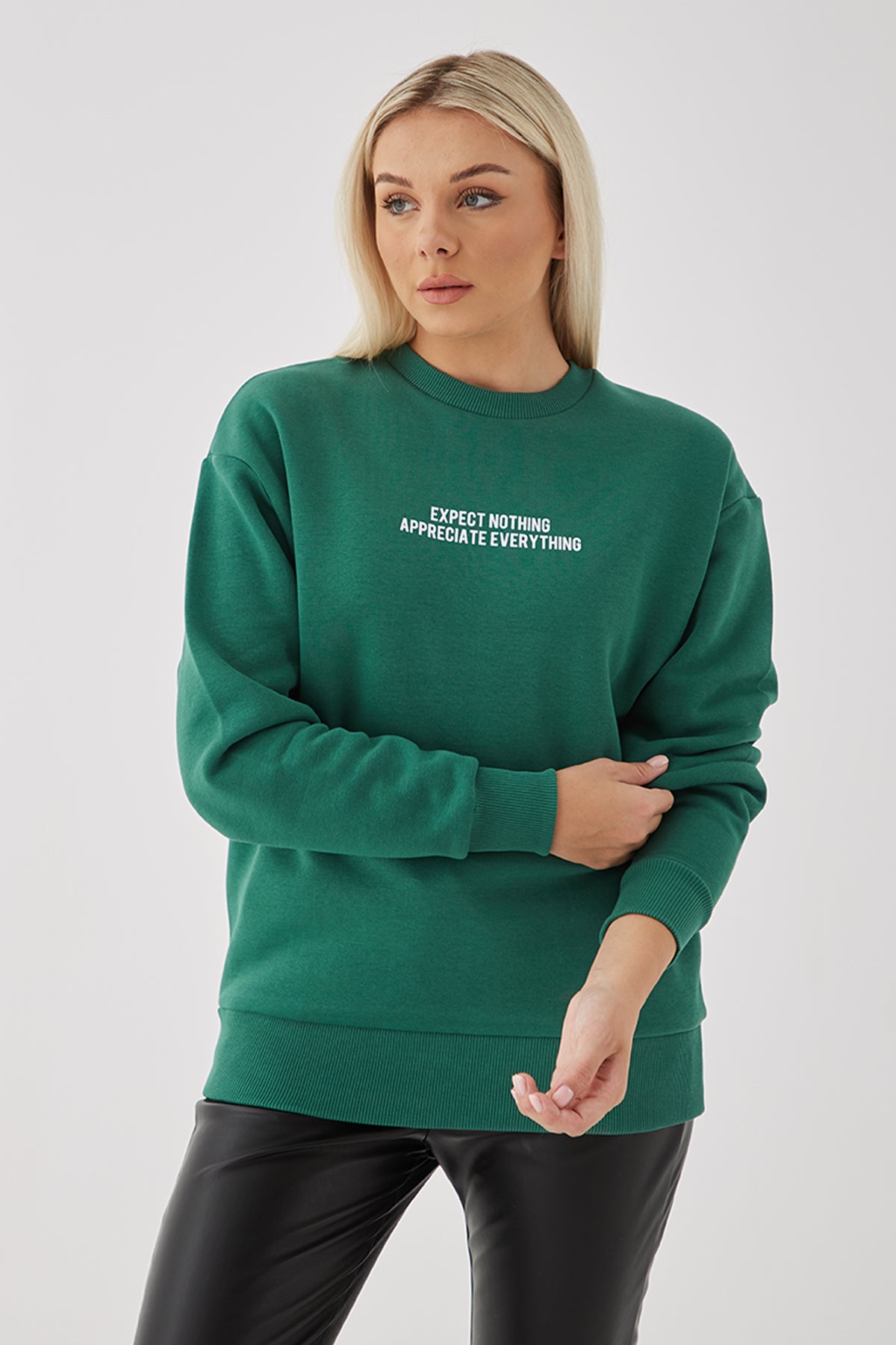 Fashion Friends Pamuklu Oversize Bisiklet Yaka Bayan Sweat 23K0842K1 YEŞİL