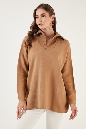 Lela Yarım Fermuarlı Oversize Triko Bayan Kazak 4616079 CAMEL