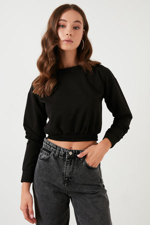 Lela Bisiklet Yaka Beli Lastikli Crop Örme Bayan Sweat 5863822 SİYAH