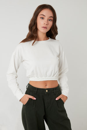 Lela Bisiklet Yaka Beli Lastikli Crop Örme Bayan Sweat 5863822 EKRU