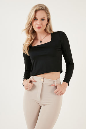 Lela Slim Fit Kare Yaka Crop Bayan Bluz 5865403 SİYAH