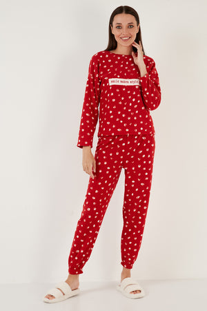 Lela Regular Fit Bisiklet Yaka Polar Bayan Pijama Takımı 6571007 KIRMIZI