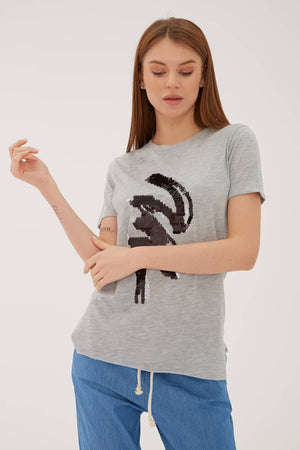 Fashion Friends Pamuklu Regular Fit Bisiklet Yaka Örme Bayan T Shirt 23Y0420K1 GRİ MELANJ