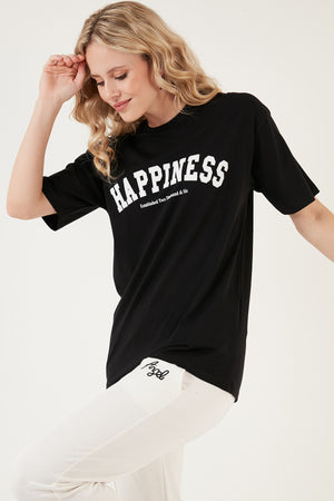 Lela Baskılı Pamuklu Oversize Bisiklet Yaka Bayan T Shirt 541HAPPINESS SİYAH