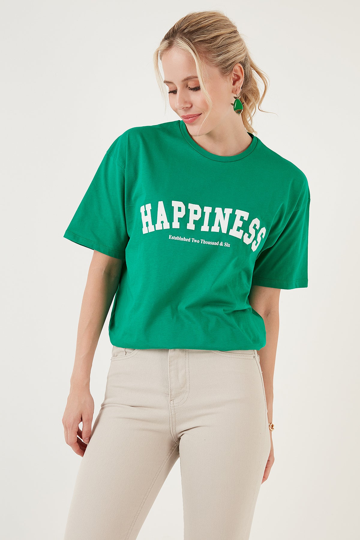 Lela Baskılı Pamuklu Oversize Bisiklet Yaka Bayan T Shirt 541HAPPINESS YEŞİL