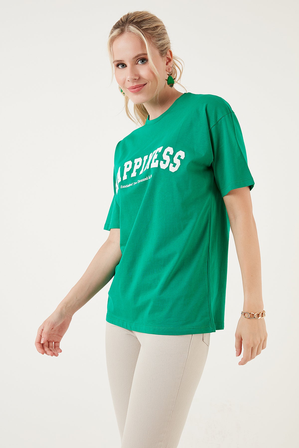 Lela Baskılı Pamuklu Oversize Bisiklet Yaka Bayan T Shirt 541HAPPINESS YEŞİL