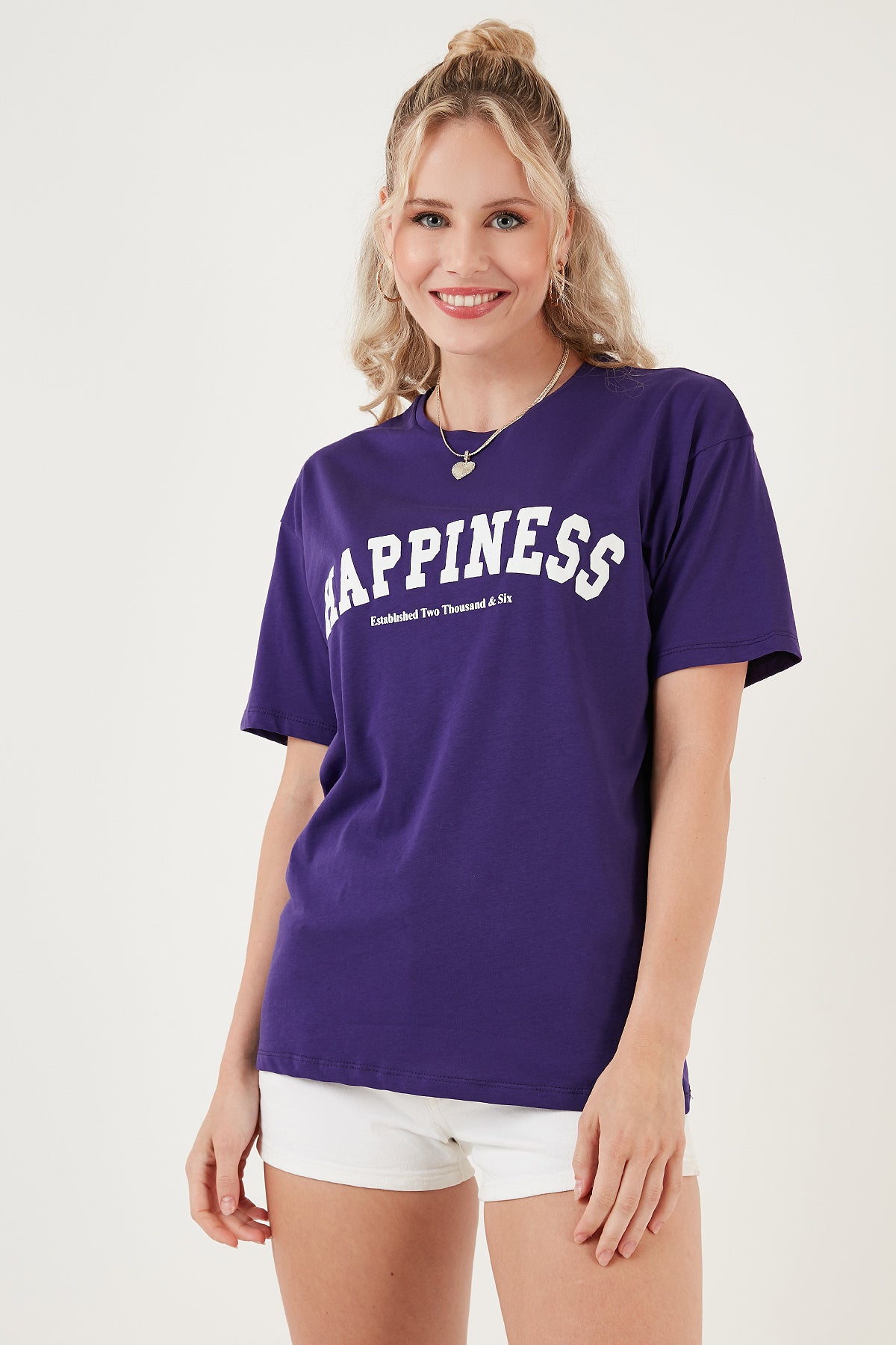 Lela Baskılı Pamuklu Oversize Bisiklet Yaka Bayan T Shirt 541HAPPINESS MOR