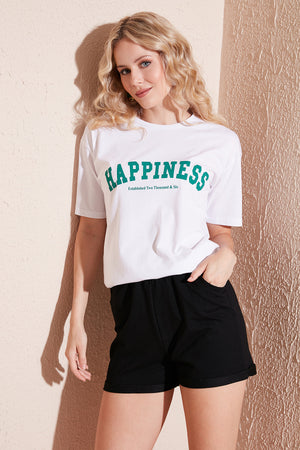 Lela Baskılı Pamuklu Oversize Bisiklet Yaka Bayan T Shirt 541HAPPINESS BEYAZ