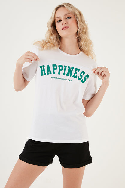 Lela Baskılı Pamuklu Oversize Bisiklet Yaka Bayan T Shirt 541HAPPINESS BEYAZ