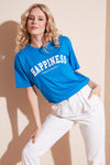 Lela Baskılı Pamuklu Oversize Bisiklet Yaka Bayan T Shirt 541HAPPINESS MAVİ