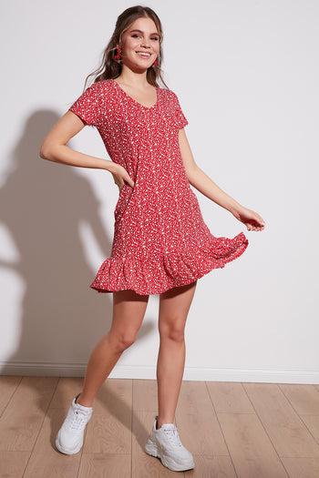 Lela Çiçekli Yuvarlak Yaka Fırfır Detaylı Mini Bayan Elbise 5863677 KIRMIZI