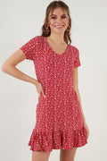 Lela Çiçekli Yuvarlak Yaka Fırfır Detaylı Mini Bayan Elbise 5863677 KIRMIZI