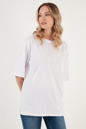 Lela Pamuklu Oversize Bisiklet Yaka Bayan T Shirt 5864562 BEYAZ