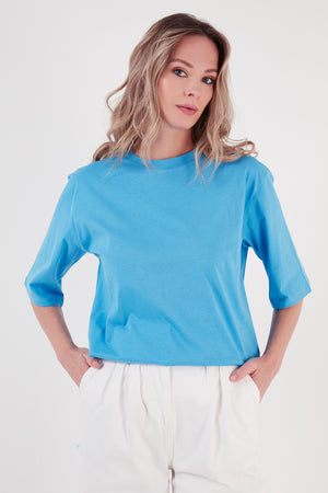 Lela Pamuklu Oversize Bisiklet Yaka Bayan T Shirt 5864562 BEBE MAVİ