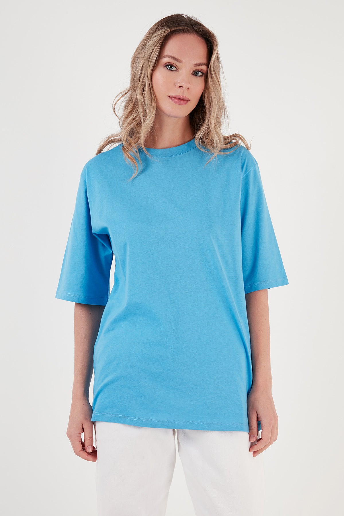 Lela Pamuklu Oversize Bisiklet Yaka Bayan T Shirt 5864562 BEBE MAVİ