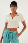 Lela Slim Fit Polo V Yaka Crop Bayan Bluz 5865035 TAŞ