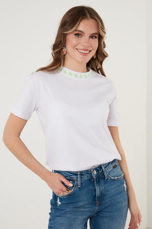 Lela Yakası Baskılı Bisiklet Yaka Basic Örme Bayan T Shirt 5865513 Beyaz-Neon Yeşil