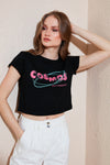 Lela Baskılı Bisiklet Yaka % 100 Pamuk Crop Bayan T Shirt 6001011 SİYAH