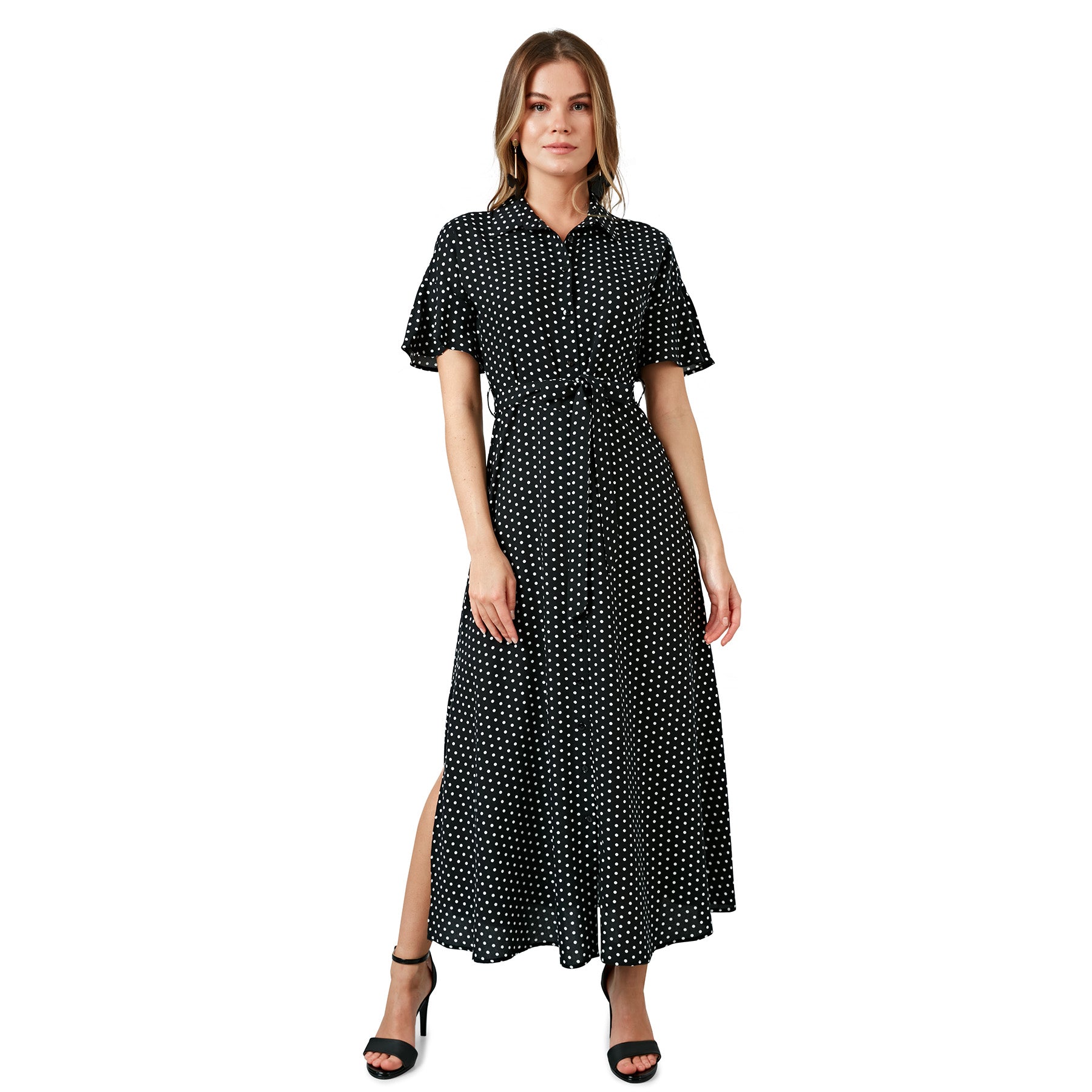 Lela Kuşaklı Yırtmaç Detaylı Dar Kesim Bayan Gömlek Elbise 6051334 Puantiye-Siyah