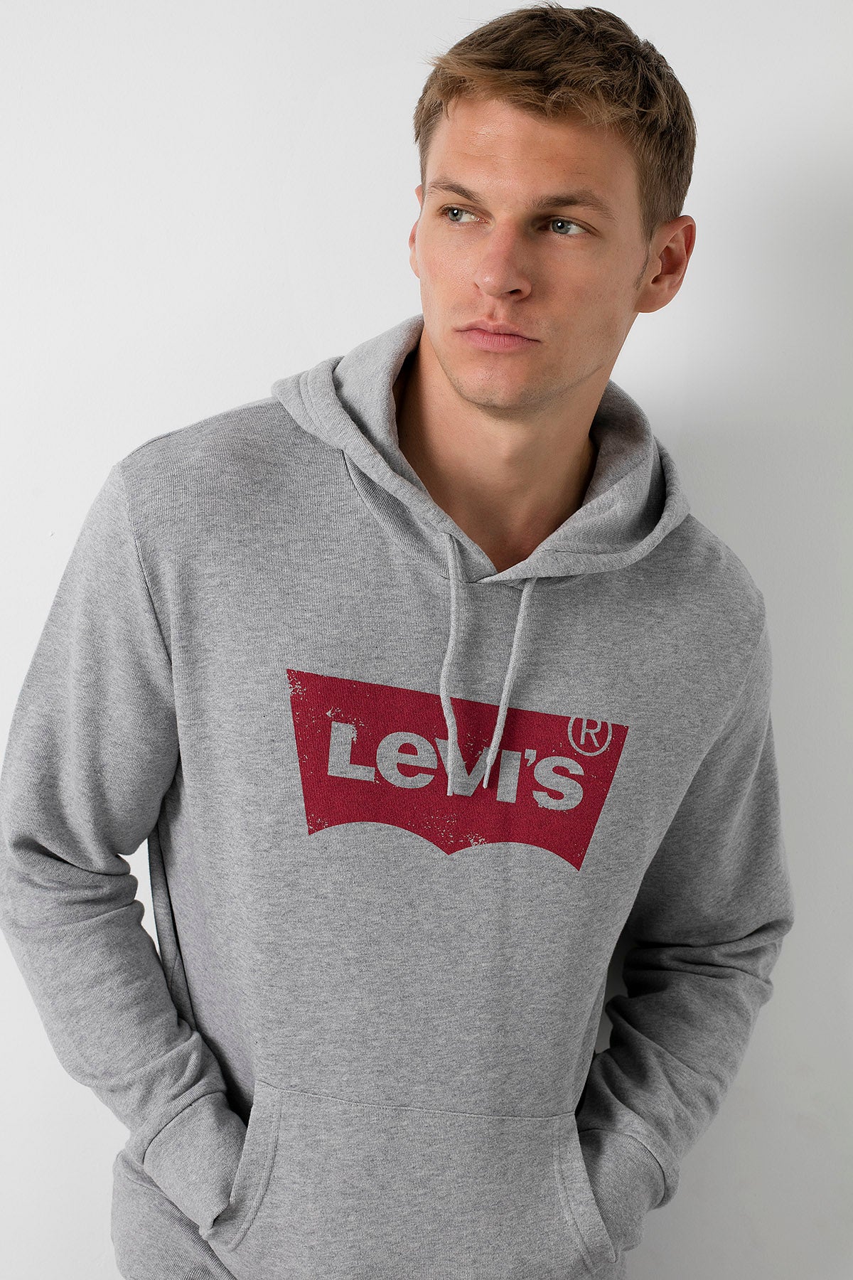 Levi&#39;s Logo Baskılı Kapüşonlu % 100 Pamuk Erkek Sweat 19622-0008 AÇIK GRİ