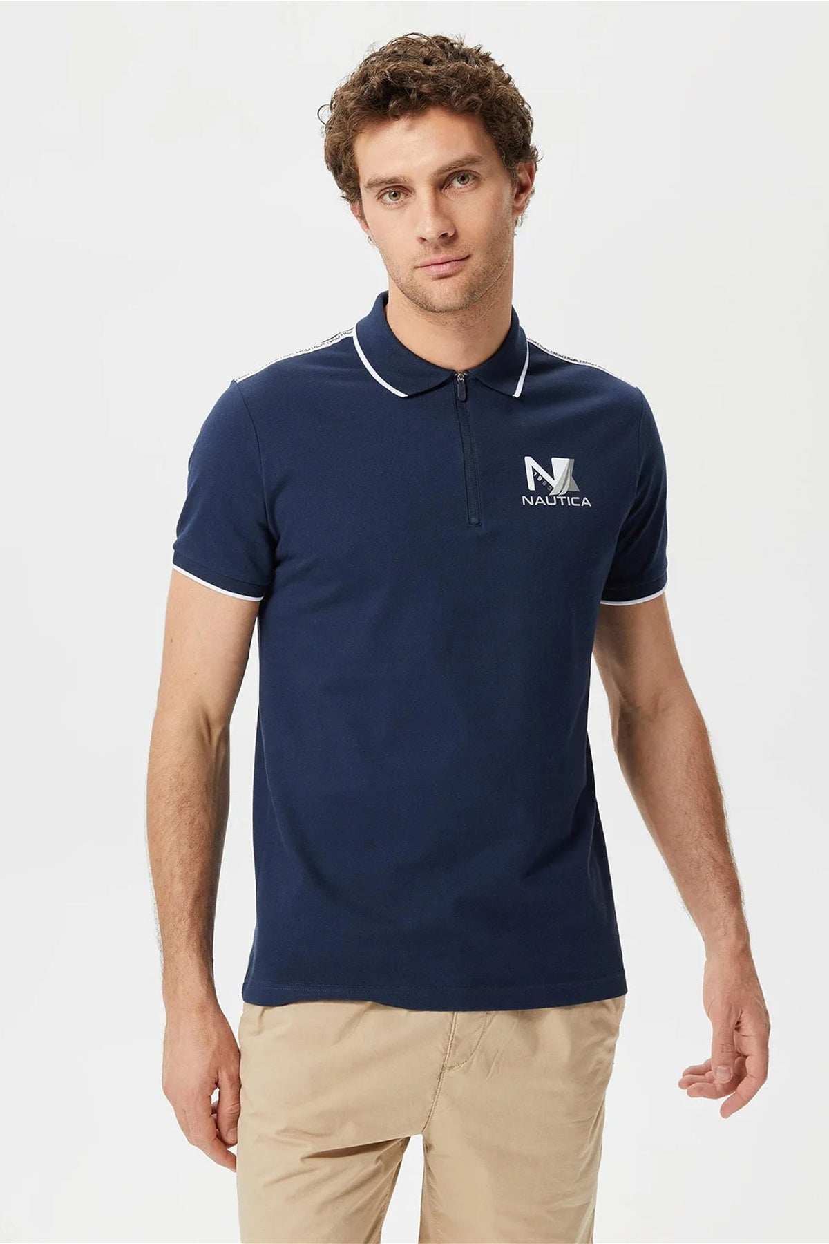 Nautica Pamuklu Logo Baskılı Çizgi Detaylı Slim Fit Erkek Polo T Shirt K35427T 4NV LACİVERT