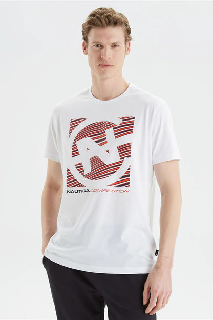 Nautica % 100 Pamuk Logo Baskılı Bisiklet Yaka Standart Fit Erkek T Shirt V35409T 1BW BEYAZ