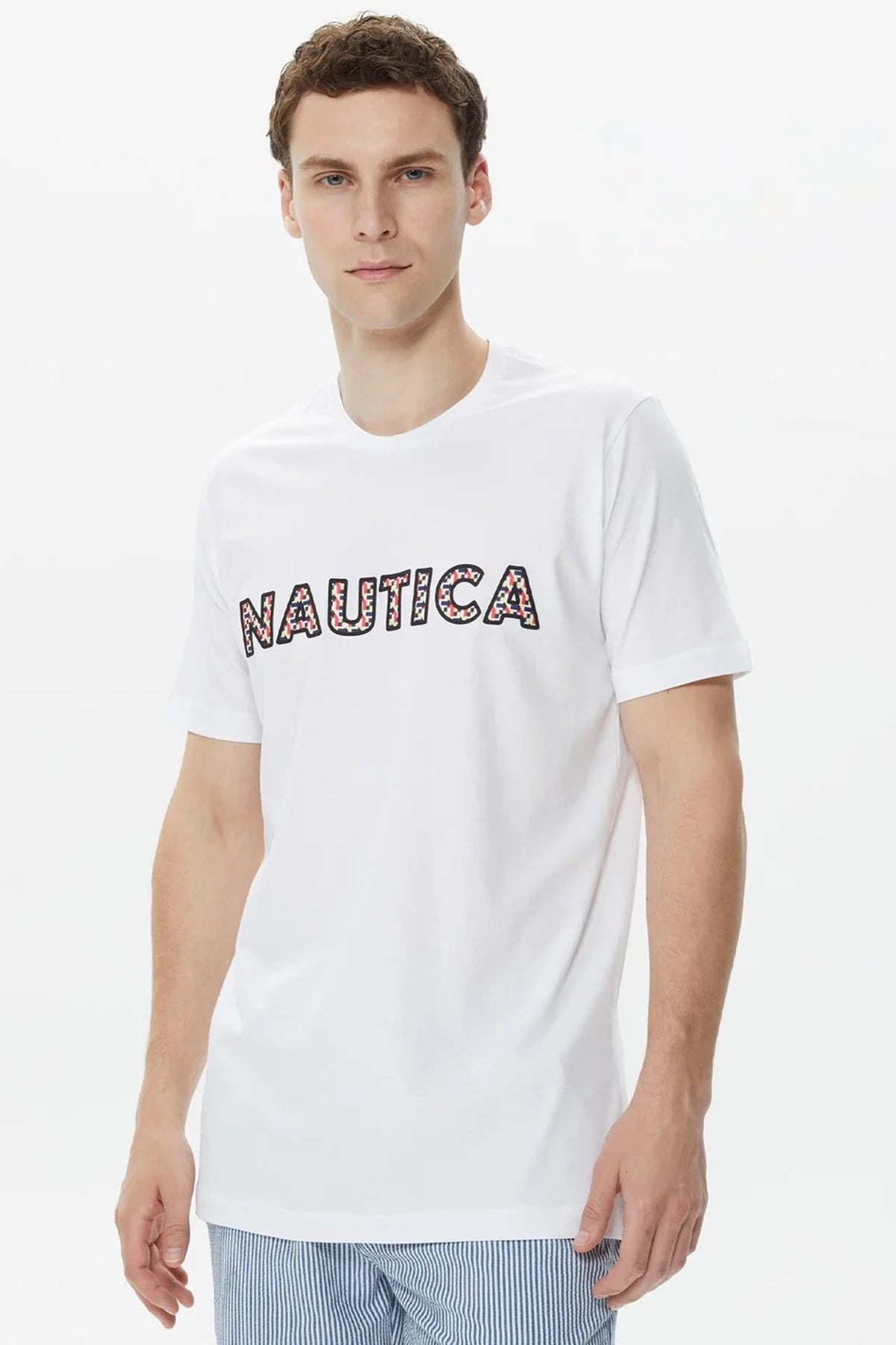 Nautica Baskılı % 100 Pamuklu Slim Fit Bisiklet Yaka Erkek T Shirt V35412T 1BW BEYAZ