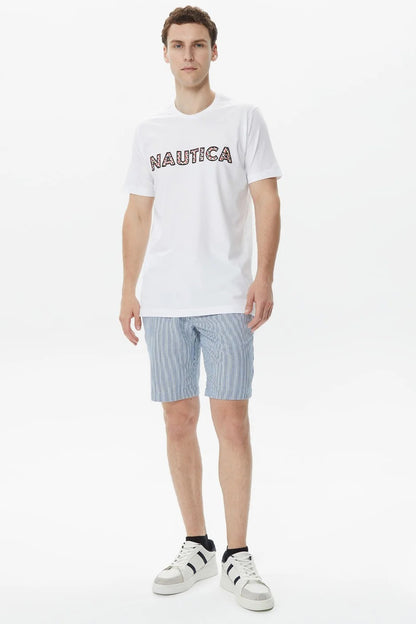 Nautica Baskılı % 100 Pamuklu Slim Fit Bisiklet Yaka Erkek T Shirt V35412T 1BW BEYAZ