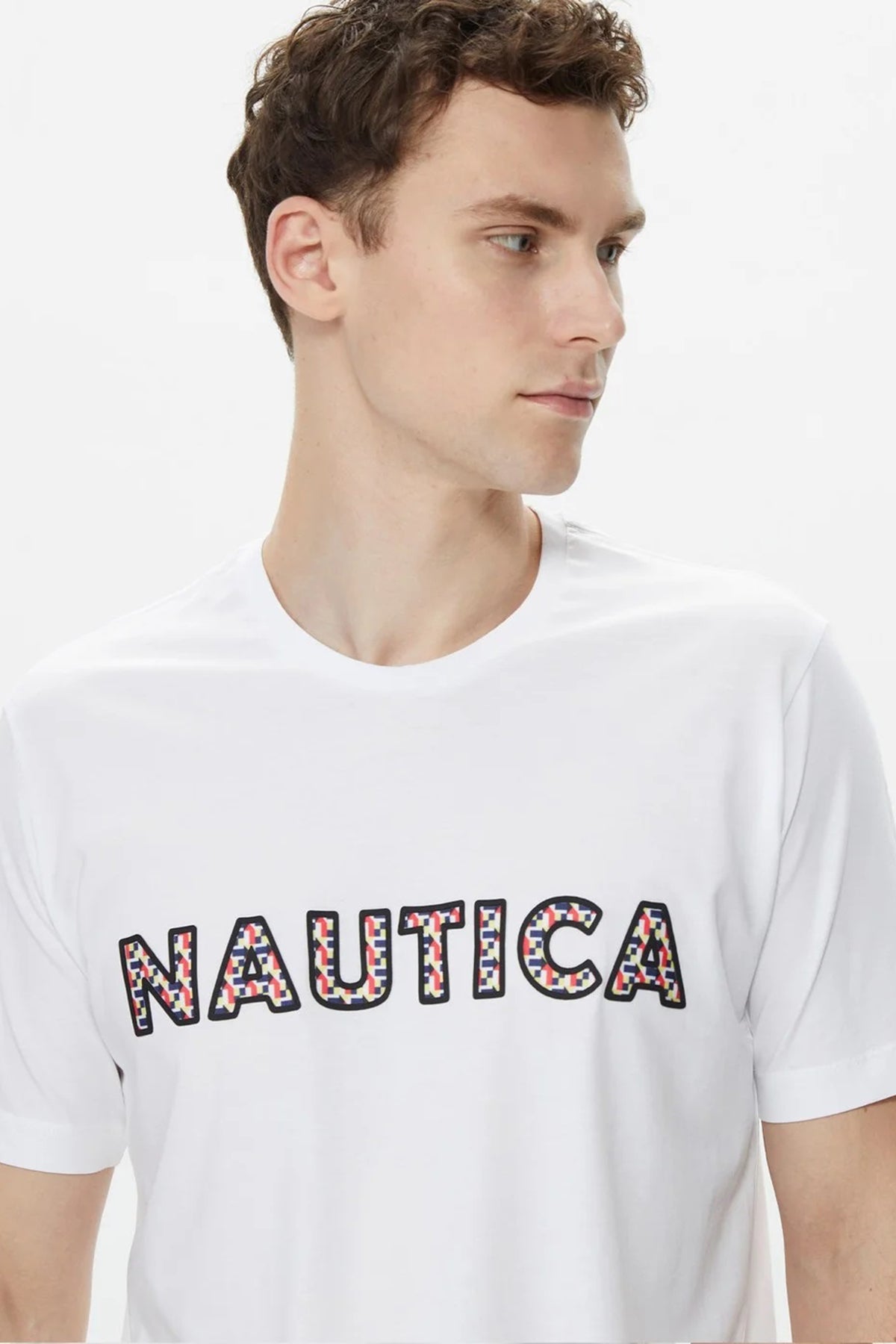 Nautica Baskılı % 100 Pamuklu Slim Fit Bisiklet Yaka Erkek T Shirt V35412T 1BW BEYAZ